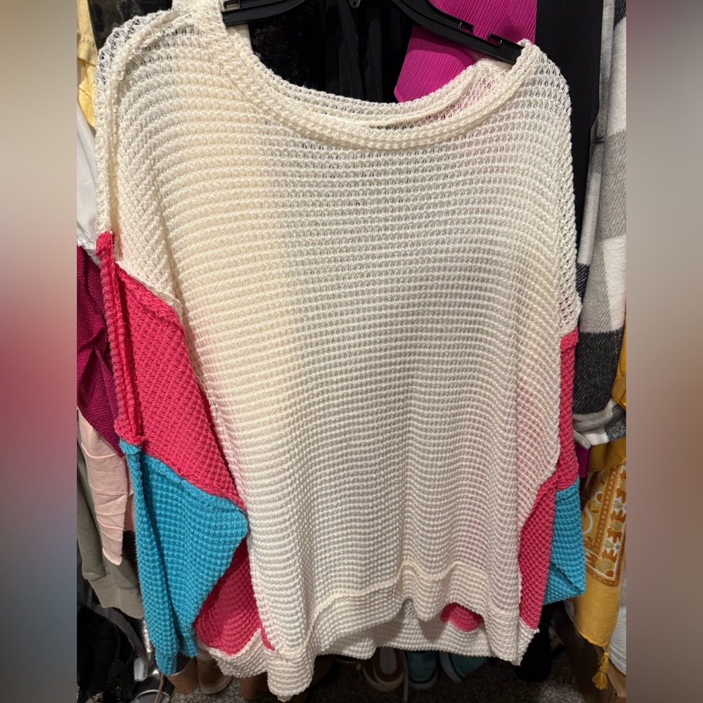 NWT. Top. Medium. Fantastic fawn. Ivory with blue and pink sleeves.